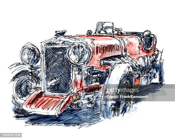 british red classic racecar ink drawing and watercolor - 1930s era stock illustrations