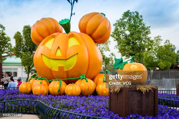 Halloween themed pumpkins featuring Disney character Mickey Mouse are on display at Shanghai Disney Resort on October 14, 2018 in Shanghai, China....