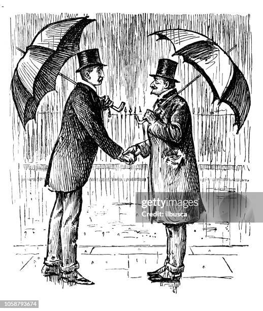 british london satire caricatures comics cartoon illustrations: handshake under the rain - rainy day fun stock illustrations