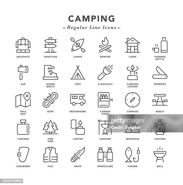 camping - regular line icons - outdoors stock illustrations