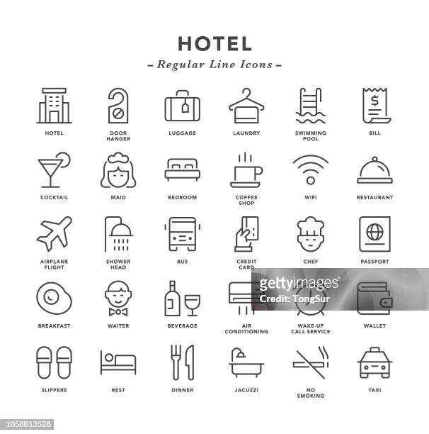 illustrazioni stock, clip art, cartoni animati e icone di tendenza di hotel - icone di linea regolari - assistenza