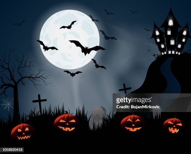 halloween night poster or background with smiling pumpkins, haunted house on hill. vector illustration. - informationsgrafik stock illustrations