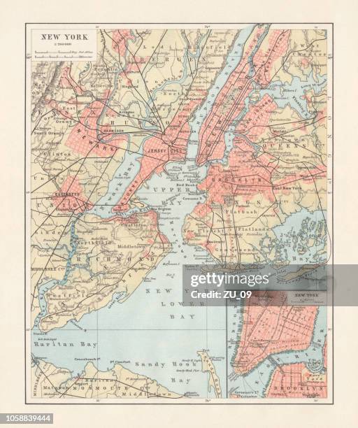 historische karte von new york city, usa, lithographie, veröffentlicht 1897 - brooklyn new york stock-grafiken, -clipart, -cartoons und -symbole