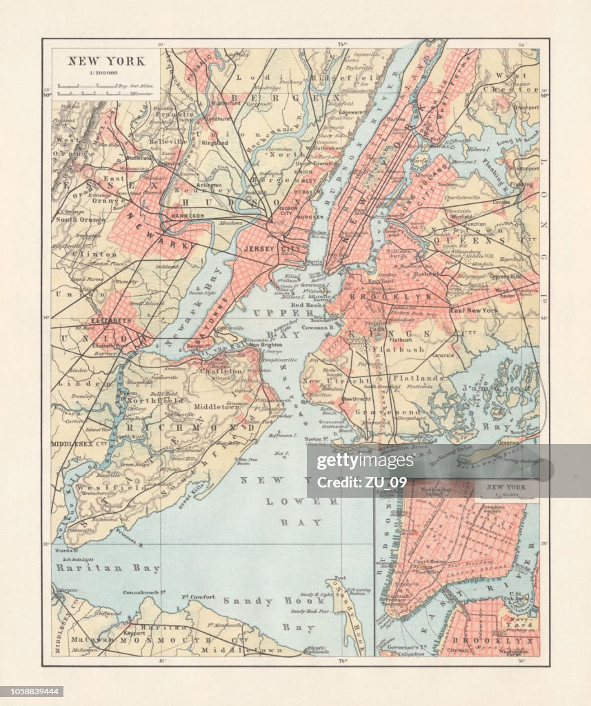 Historical map of New York City, USA, lithograph, published 1897