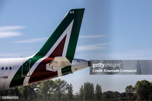 An Airbus A320-216 passenger aircraft, operated by Alitalia, rolls on the tarmac at Linate airport on October 24, 2018 in Milan, Italy. Alitalia, the...