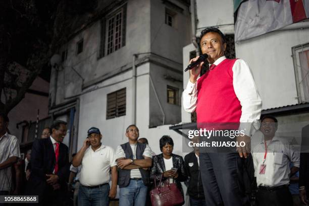 Marc Ravalomanana , former Madagascan president and presidential candidate, speaks to supporters at his headquarters in Antananarivo on November 7...