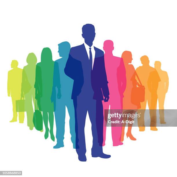 business diversity team - people in a line white background stock illustrations