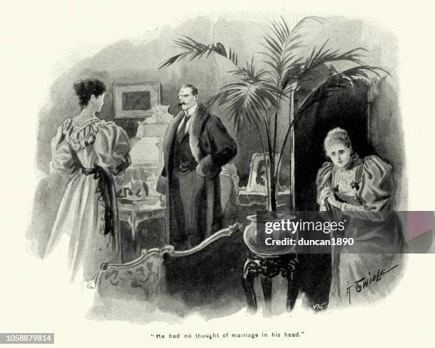 victorian woman eavesdropping on a couples conversation, 19th century - infidelity stock illustrations