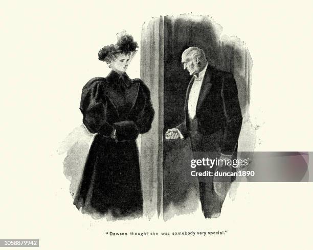 victorian butler opening a door for a young woman - butler stock illustrations