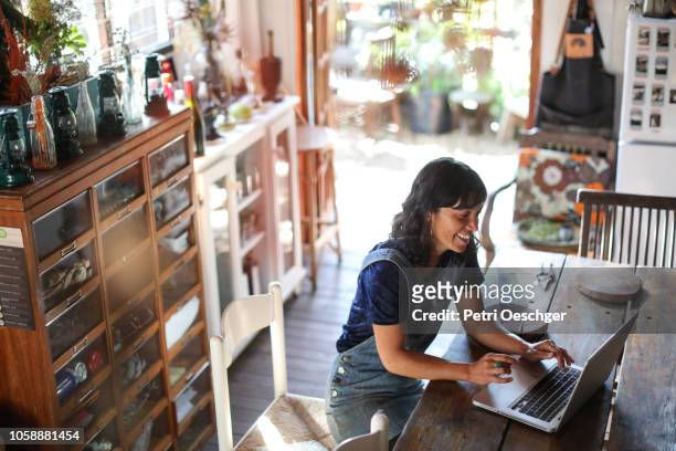 a woman using her laptop in her kitchen at home. - business kitchen stock-fotos und bilder