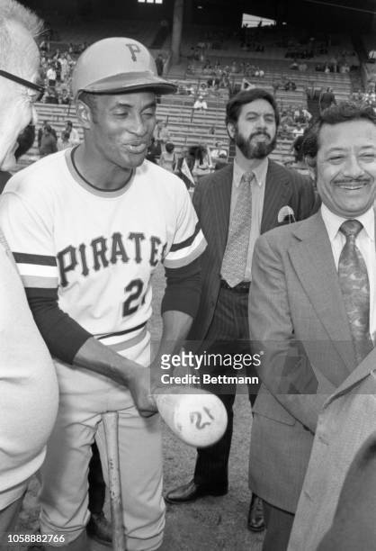 Leading hitter in the World Series, the Pirates' Roberto Clemente with 9 hits, makes note of the fact that Pittsburgh needs just one more victory to...