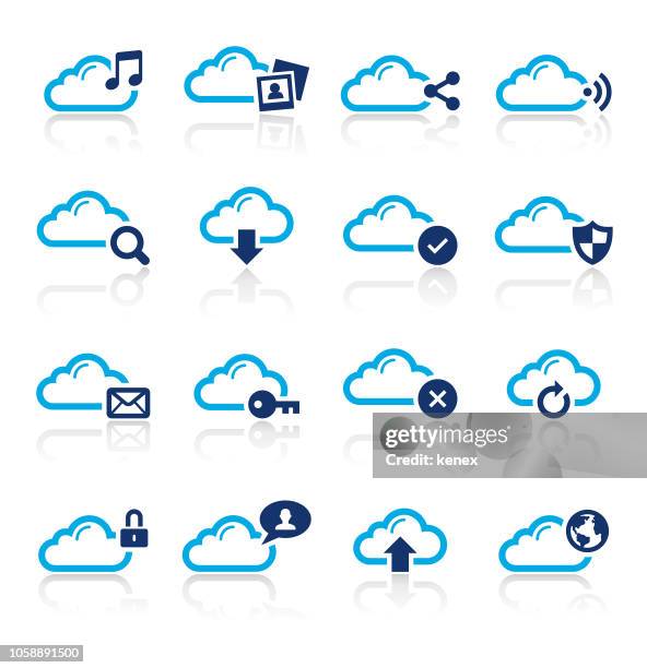 cloud computing and media two color icons set - cloud storage stock illustrations