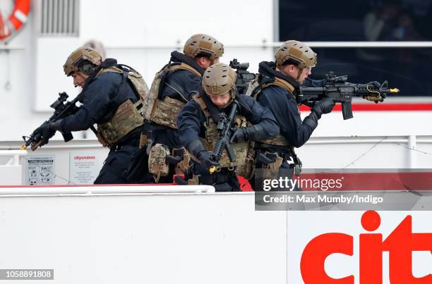 Royal Marines and the Royal Netherlands Marine Corps take part in an on-the-water capability demonstration, on the River Thames, watched by King...