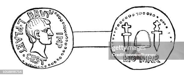 ilustraciones, imágenes clip art, dibujos animados e iconos de stock de moneda de denario romano "idus de marzo" conmemorando la muerte de césar (43-42 a.c.) - caesar must die