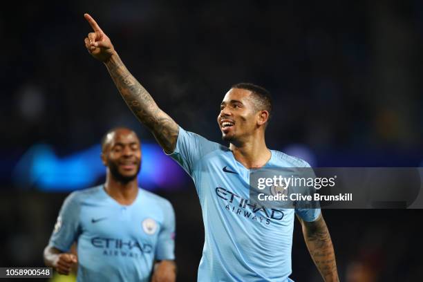 Gabriel Jesus of Manchester City celebrates after scoring his team's sixth and his hatrick goal during the Group F match of the UEFA Champions League...