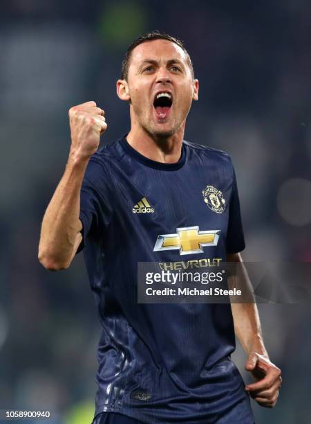 Nemanja Matic of Manchester United celebrates at the full time whistle during the UEFA Champions League Group H match between Juventus and Manchester...
