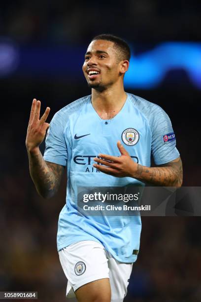 Gabriel Jesus of Manchester City celebrates after scoring his team's sixth and his hatrick goal during the Group F match of the UEFA Champions League...