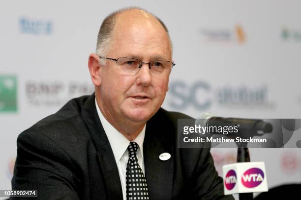 And Chairman Steve Simon speaks to the media at a press conference at Singapore Sports Hub on October 24, 2018 in Singapore.