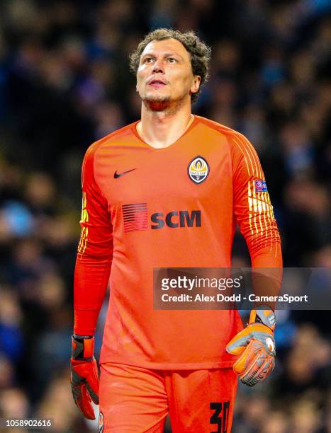 Shakhtar Donetsk's Andriy Pyatov reacts after conceding a fifth goal during the Group F match of the UEFA Champions League between Manchester City...