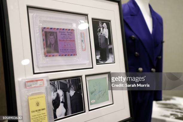 Ticket to President John F. Kennedy's birthday celebration is seen along with images of Marilyn Monroe with John F. Kennedy and Robert Kennedy at the...