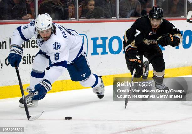 The Ducks' Andrew Cogliano chases the Tampa Bay Lightning's Mark Barberio at Honda Center in Anaheim on November 22, 2013.
