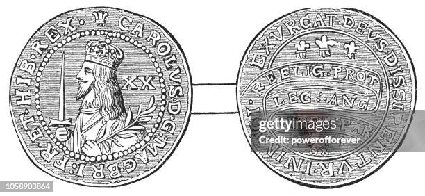 british gold triple unite coin of king charles i (17th century) - stuart florida stock illustrations