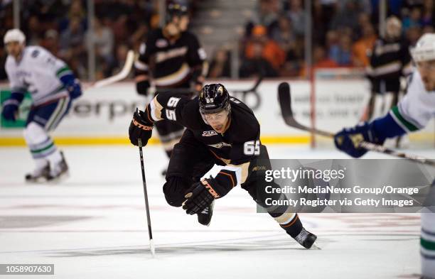The Ducks' Emerson Etem chases a puck against the Canucks at Honda Center in Anaheim on November 10, 2013.