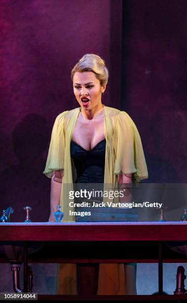 American mezzo-soprano Isabel Leonard performs at the final dress rehearsal prior to the US premiere of the Metropolitan Opera/English National Opera...