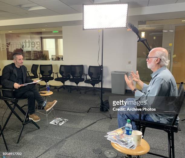 Photographer David Hume Kennerly is interviewed by Director of Archive Bob Ahern at Getty Images Los Angeles Office on October 24, 2018.