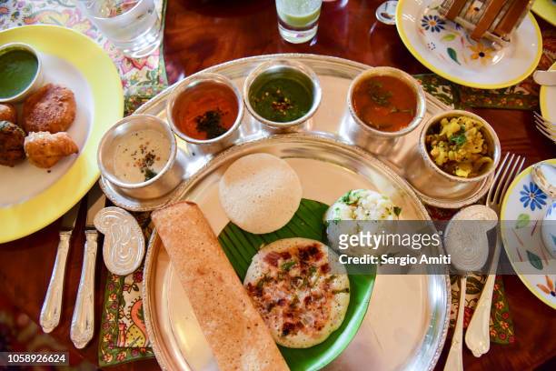 platter of indian breakfast specialities, in jaipur, india - dosa imagens e fotografias de stock
