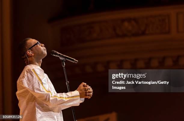 Senegalese singer and composer Youssou N'Dour performs with his band, le Super Etoile de Dakar, at Carnegie Hall, New York, New York, October 20,...