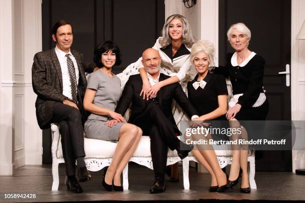 Thierry Samitier, Caroline Ami, Frank Leboeuf, Marinelly Vaslon, Cindi Cayrasso and Veronique Demonge pose after the "Boeing Boeing" Theater Play...