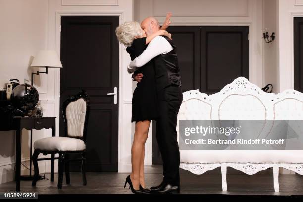 Cindy Cayrasso and Frank Leboeuf perform during the "Boeing Boeing" Theater Play Run-through at Theatre Daunou on November 7, 2018 in Paris, France.