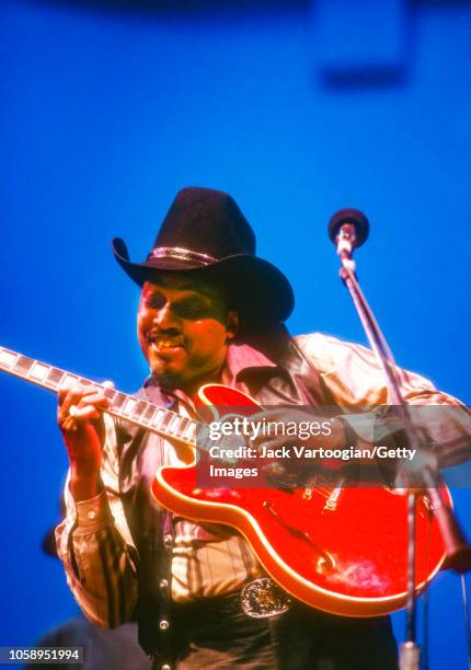 American Blues musician Otis Rush plays guitar as he performs during the World Music Institute 'A Festival of the Blues: A Night in Mississippi'...