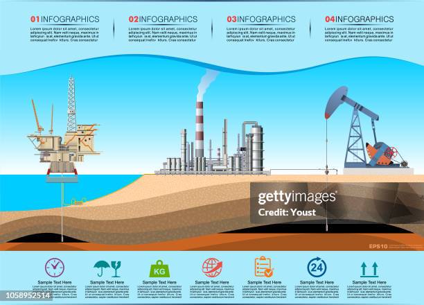 ilustraciones, imágenes clip art, dibujos animados e iconos de stock de bomba gato, perforación de pozos de perforación y refinería infografía. producción de petróleo y gas - torre perforadora