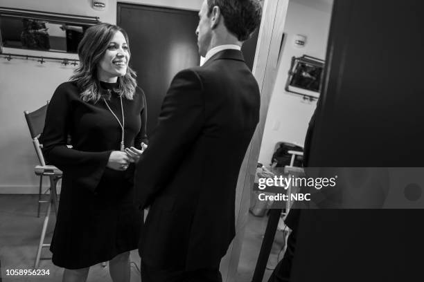 Episode 755 -- Pictured: Journalist Hallie Jackson talks with host Seth Meyers backstage on November 7, 2018 --