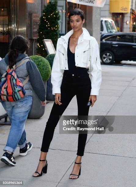 Jourdana Phillips seen in the streets of Manhattan before the rehearsal of the Victoria Secret Fashion Show on November 7, 2018 in New York City.