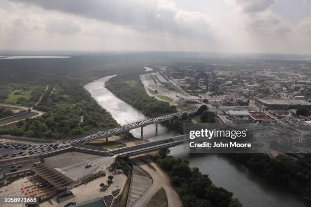 Traffic waits on the international bridge to cross into the United States at the U.S.-Mexico border on November 7, 2018 in Hidalgo, Texas. U.S. Army...