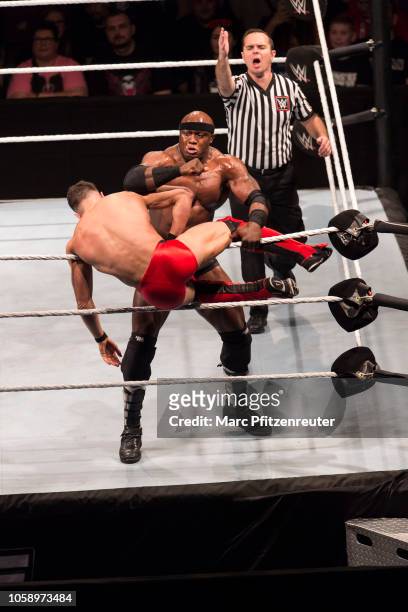 Bobby Lashley competes in the ring against Finn Balor during the WWE Live Show at Lanxess Arena on November 7, 2018 in Cologne, Germany.