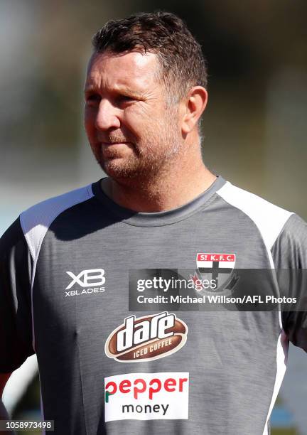 Brendon Lade, Assistant Coach of the Saints is seen during the St Kilda Saints AFL training session at Bricker Reserve Athletics Track on November...