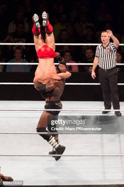 Bobby Lashley competes in the ring against Finn Balor during the WWE Live Show at Lanxess Arena on November 7, 2018 in Cologne, Germany.