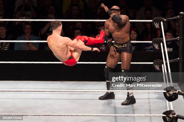 Bobby Lashley competes in the ring against Finn Balor during the WWE Live Show at Lanxess Arena on November 7, 2018 in Cologne, Germany.