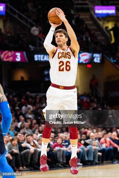 Kyle Korver of the Cleveland Cavaliers shoots a three during the second half against the Oklahoma City Thunder at Quicken Loans Arena on November 7,...