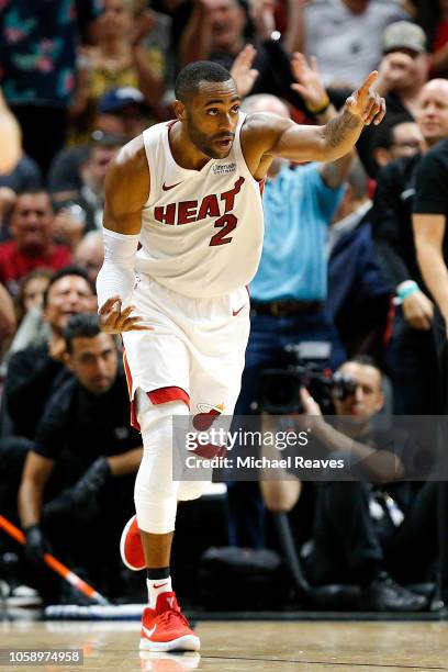 Wayne Ellington of the Miami Heat reacts after making a three pointer against the San Antonio Spurs during the second half at American Airlines Arena...