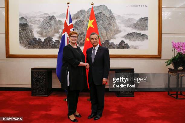 Australian Foreign Minister Marise Payne meets her Chinese counterpart Wang Yi at the Diaoyutai State Guesthouse on November 8, 2018 in Beijing,...