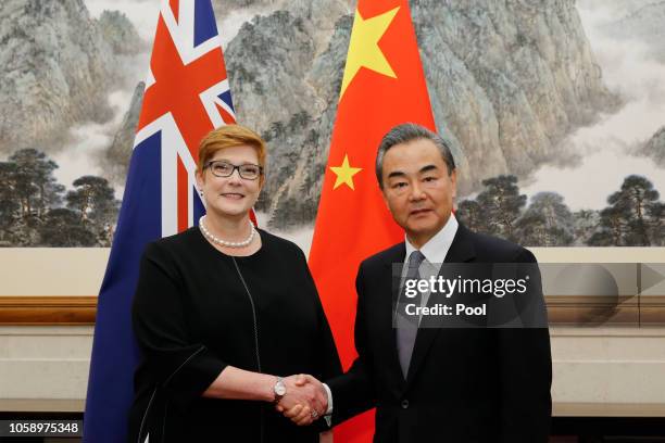 Australian Foreign Minister Marise Payne meets her Chinese counterpart Wang Yi at the Diaoyutai State Guesthouse on November 8, 2018 in Beijing,...