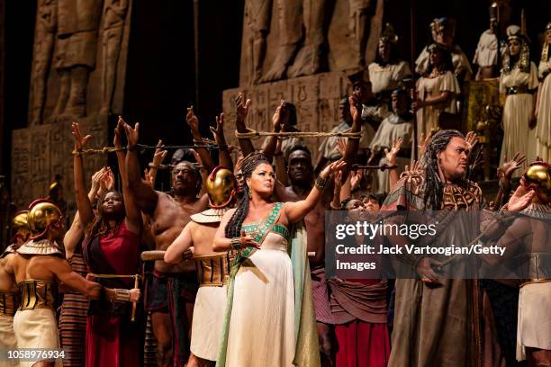 Along with the company, Russian soprano Anna Netrebko performs in her first Met Opera 'Aida' with American baritone Quinn Kelsey at the final dress...