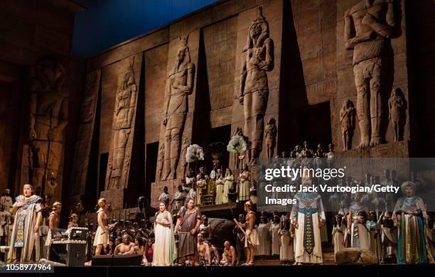 Cast members perform a triumphal march scene in the final dress rehearsal prior to the season revival of the Metropolitan Opera/Sonja Frisell...