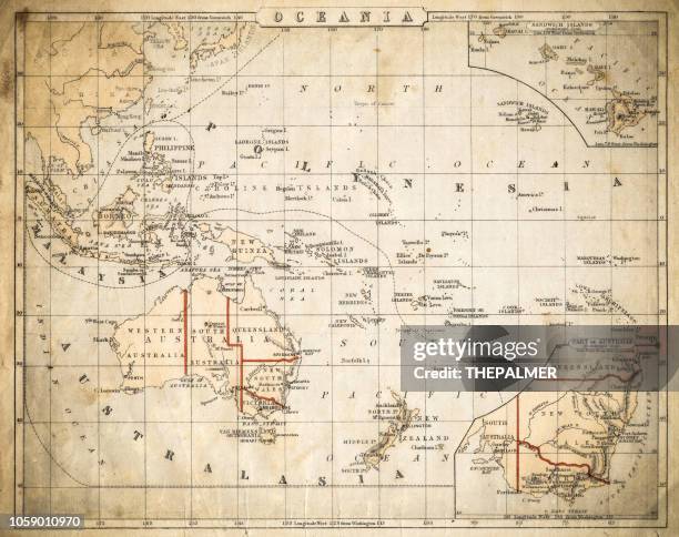 oceania map of 1869 - malaysia map stock illustrations