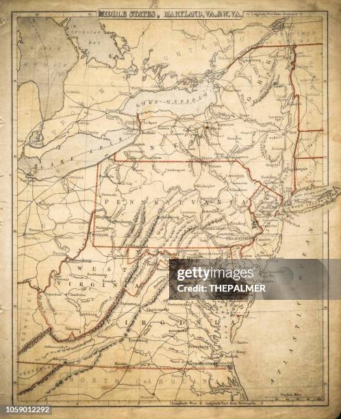usa middle states map of 1869 - new york new jersey map stock illustrations
